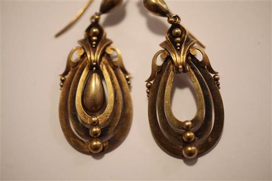 A pair of Victorian gold drop earrings, overall 2.25in.